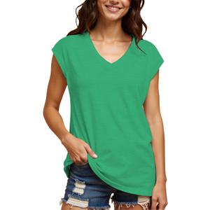 Hantaostyle Womens Summer Tops Short Cap Sleeve Casual V Neck T Shirts Loose Fit Flowy Solid Color Blouse Tank Tees Tees S Green (Green, S)