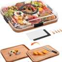 Charcuterie Board with Clear Lid, 2 Side Bamboo Cheese & Cutting Board for Entertaining, Includes 2 Plastic Cutting Mats & 4 Cheese Knives, Travel Snack Tray with lid, Charcuterie Boards Gift Set (1 Compartment with Cutting Board - Black)