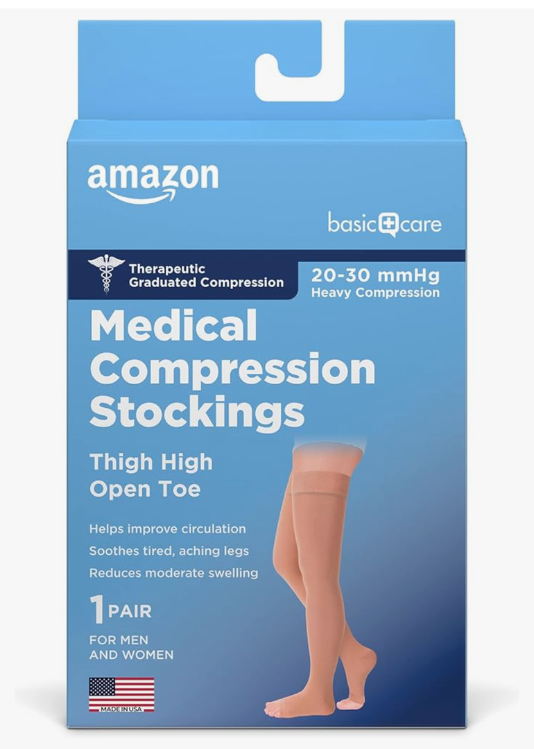Amazon Basic Care Medical Compression Stockings, 20-30 mmHg Support, Women & Men Thigh Length Hose, Open Toe, Beige, Size M