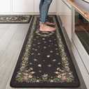 KIMODE Kitchen Mats Cushioned Anti Fatigue, Black Farmhouse Flower Kitchen Rugs Sets of 2, Padded Kitchen Floor Mats, Non Slip Standing Mats for Sink Laundry Office Desk 17"x59"+17"x29"