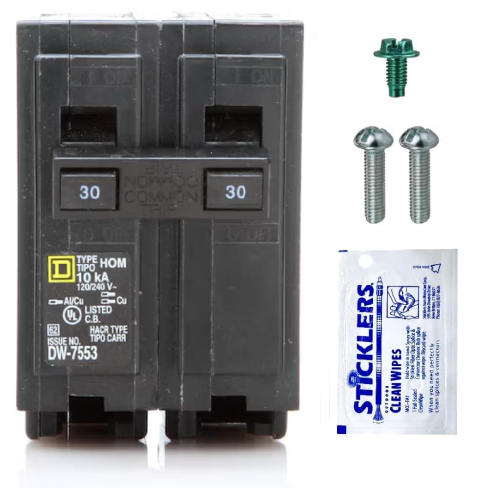 Genuine Square D HOM230 Circuit Breaker Kit Bundle (1 Pack), 30 Amp (30A) Double Pole, 120/240V, 10kAIC, UL Listed, Plug-On for Homeline Load Centers & Panel Box, New Replacement