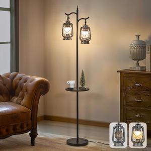 Farmhouse Floor lamp with Table, Double Head Vintage Floor Lantern, Standing lamp for Living RoomBedroom, Rustic Floor Lamp with Silver Finish