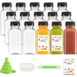 GUSTO [8 oz. - 15 Count Reusable Plastic Juice Bottles With Caps, Labels, Brush, and Silicone Funnel - Clear plastic Bottles with Caps, Juice Containers with lids, for All Beverages