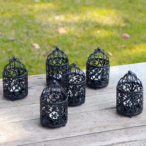 JHY DESIGN 6 Pcs 5.5 inch Height Small Metal Candle Stick Holder Hanging Birdcage Tealight Lantern Hollow Candle Holders for Table Valentine Patio Indoor Outdoor Gifts(Black) (Black)