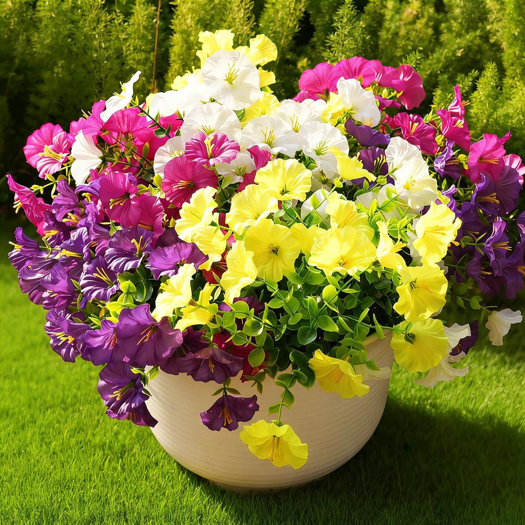 Fanfantoey Artificial Flowers for Outdoor, UV Resistant Fake Plants Outside Decoration, 14 Pcs Realistic Silk Morning Glory Faux Flowers for Porch Patio Gardens Home Decor(14, 4 Mixed)