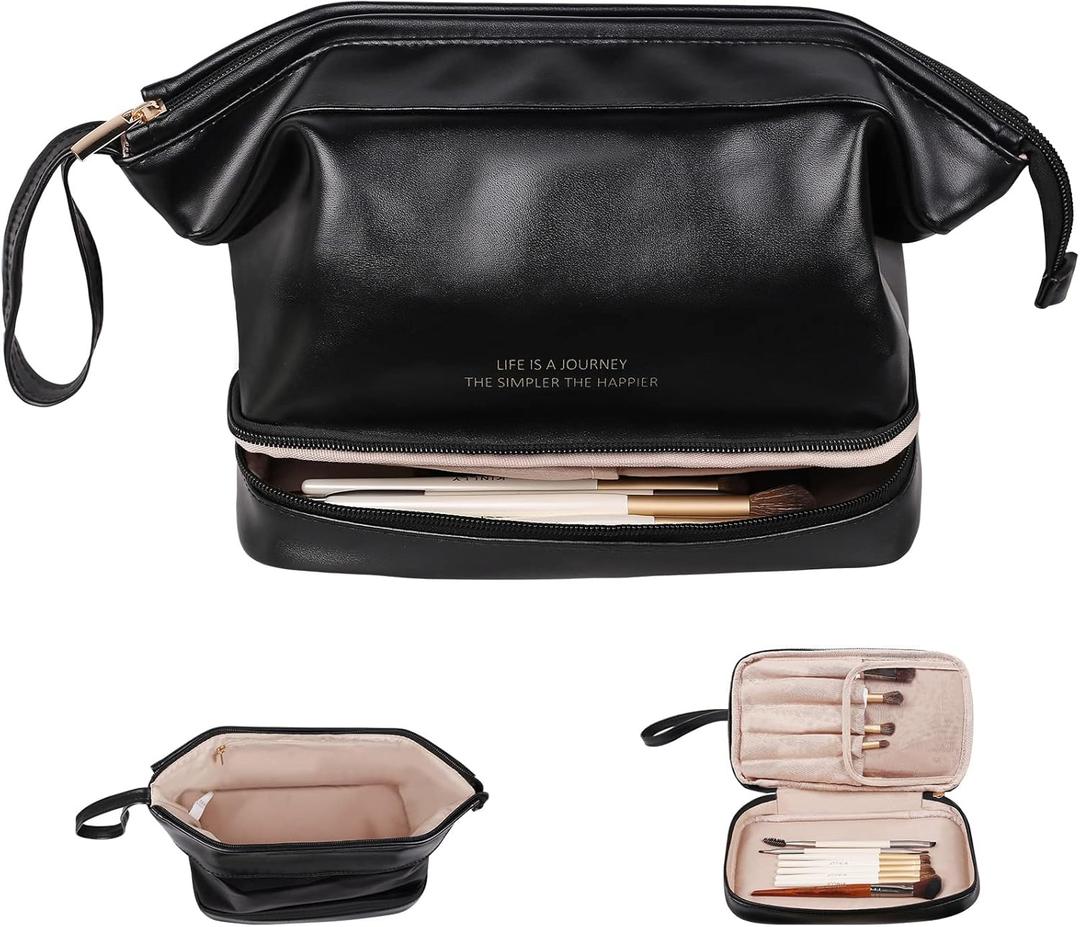 Abiudeng Large Capacity Makeup Bag Ladies Cosmetic Bag Travel Bag with Compartments Portable PU Leather Travel Makeup Bag with Handle (Black)