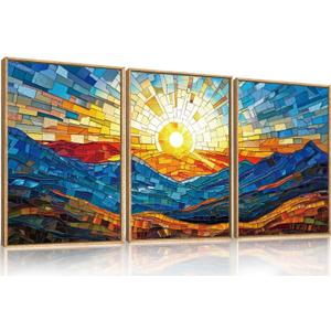 Mountains Framed Canvas Wall Art Set, Modern Abstract Art Painting, Irregular Square Ridge Wall Decor, Sunrise Art Print for Living Room, Bathroom, Bedroom, Office - 16"x24"x3