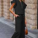 KevaMolly Womens Lounge Sets Black Textured Ruffled Sleeve Zipped Top and Wide Leg Pants Set Casual Daily Two Piece Sets M (M)
