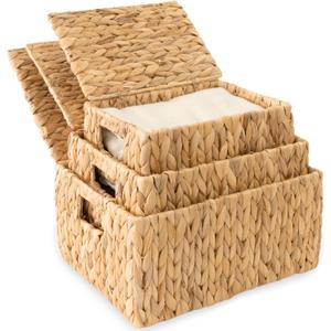 Wicker Storage Baskets with Lid, Set 3 Basket With Lid Decorative Storage Rectangle Wicker Storage Basket Large Rattan Storage Box Hyacinth Baskets