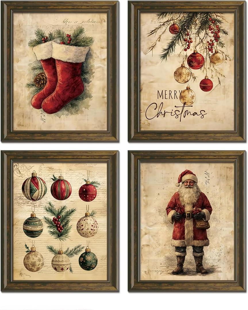 2 x Wheatwin Vintage Christmas Wall Art Decor, Merry Christmas Santa Claus Bathroom Wall Decor Posters Prints Set of 4, Christmas Wall Decor Gifts for Winter Holiday Living Room Bedroom Kitchen, 8x10 (Unframed)