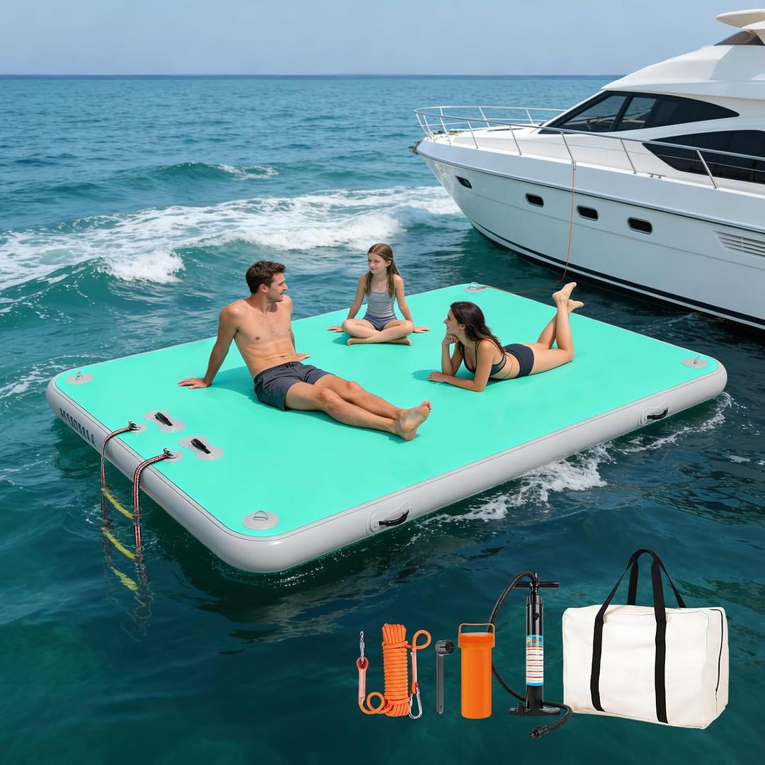 Inflatable Floating Dock, Water Island Float Raft Mat with Non-Slip Surface, Air Deck Platform, 6 Inch Thick for Pool, Lake, River, Beach, Ocean (Mint Green, 5 ft x 6.6 ft x 6")
