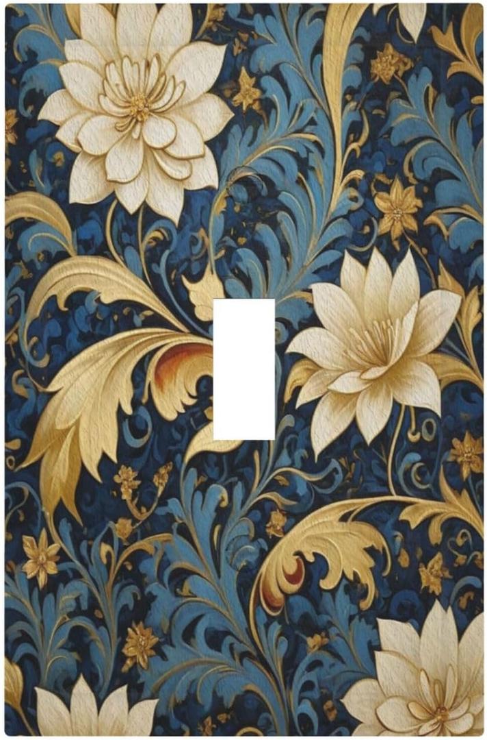Flowers Leaves On Blue Gold Accents 1 Gang Light Switch Covers Single Toggle Wall Plate Decorative Switchcover Electrical Switchplate for Farmhouse Living Decor (1-Gang Toggle / 5 x 3 IN)