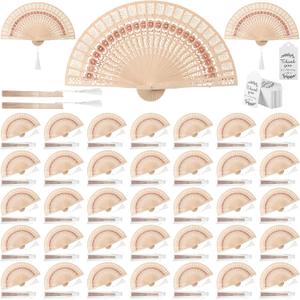 Geelin 150 Sets Sandalwood Fans with Tassels, Organza Sleeve and Thank You Gift Tag Eastern Style Handheld Fan Foldable Decorative Folding Fans Japanese Chinese Fan Wedding Fans for Party Decor DIY