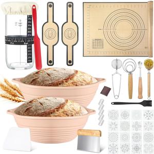Honeydak 37 Pcs Sourdough Bread Baking Supplies Artisan Bread Baking Kit Silicone Proofing Bowls, Glass Jar with Scraper, Dough Mat, Stainless Steel Tools and Stencils Gifts for Bakers Women Wife Mom