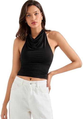 SUUKSESS Women Halter Backless Tank Tops Sexy Cowl Neck Summer Going Out Cami Tops, XL