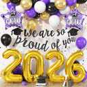 2026 Graduation Decorations Purple and Gold, Congrats Grad Balloons Kit with Metallic Gold Purple White Balloons, We Are So Proud of You Banner, 2026 Foil Star Balloon for Graduation Party Supplies