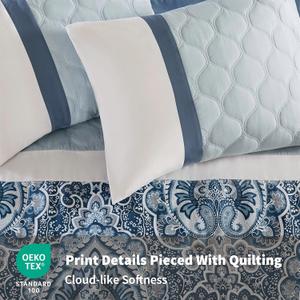 510 DESIGN Luxe Quilted Bed Set Modern Transitional Design, All Season Down Alternative Warm Decorative Pillow, Queen, Shawnee Scrollwork Blue