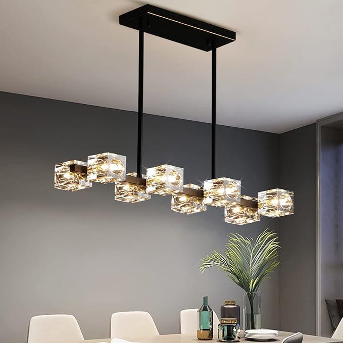 Modern Crystal Chandelier for Dining Room,Black and Gold Pendant Lights Fixture with 8-Lights,Adjustable Height Hanging Ceiling Light for Kitchen Island,Bedroom,Over Table,Living Room