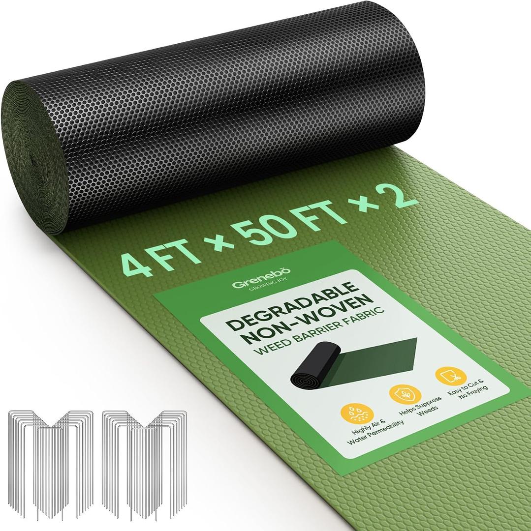 Grenebo Weed Barrier Fabric, 4FT x 100FT, Non-Woven Landscape Fabric, Easy to Cut & Fray-Resistant, Breathable & Permeable, Landscaping Fabric with 30 Stakes, for Gardens, Flower Beds, Vegetable Plots