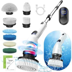 TUYU Electric Spin Scrubber, Full-Body IPX7 Waterproof Bathroom Scrubber with Power LCD Display, 8 Replacement Head, Adjustable Extension Handle, Cordless Shower Cleaner Brush for Bathtub Cleaning (Grey White)
