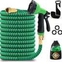 J&B XpandaHose 100ft Expandable Garden Hose with Holder - Heavy Duty Superior Strength 3750D - 4 -Layer Latex Core - Extra Strong Brass Connectors and 10 Spray Nozzle w/Storage Bag (Green 100)