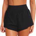LASLULU Womens Ribbed High Waisted Gym Shorts Running Shorts Zip Pocket (Black, M)