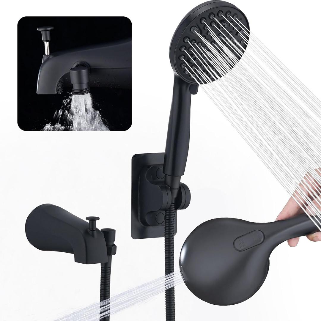 All Metal Bathtub Faucet with Stainless Steel Sprayer & Hose, 10 Settings Matte Black, Tub Spout with Diverter