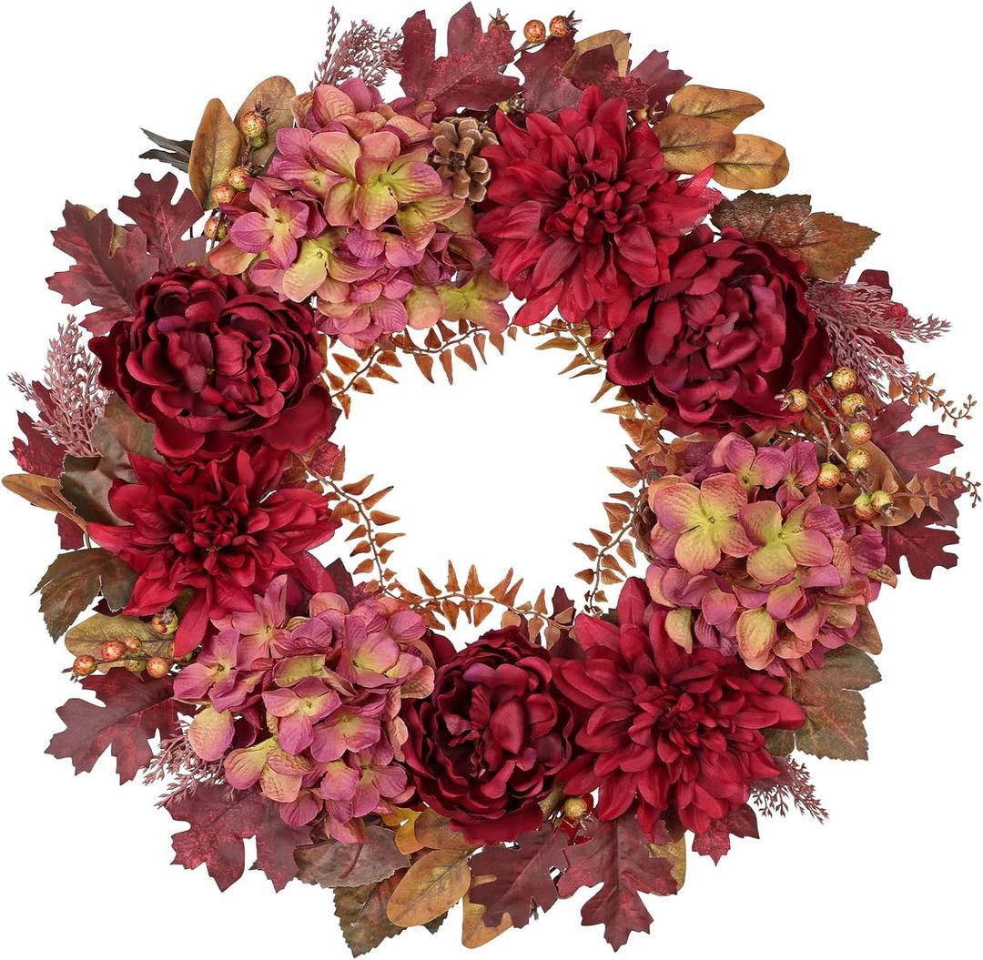 Hollyone 24inch Fall Wreath for Front Door Fall Decor Autumn Wreath Artificial Flower Wreaths with Hydrangea Peonies Dahlia Handmade Outdoor Indoor Halloween Farmhouse Harvest Decorations for Home