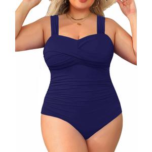 Yonique Plus Size One Piece Swimsuit for Women Tummy Control Bathing Suit Ruched Swimwear (Navy Blue) 20W