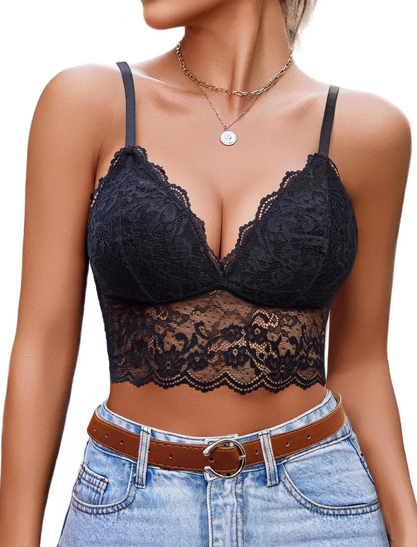 Avidlove Bralettes for Women V Neck Spaghetti Strap Bra Lace Tops Sexy Cami Crop Top Going Out Lingerie Outfits (Large, Black)