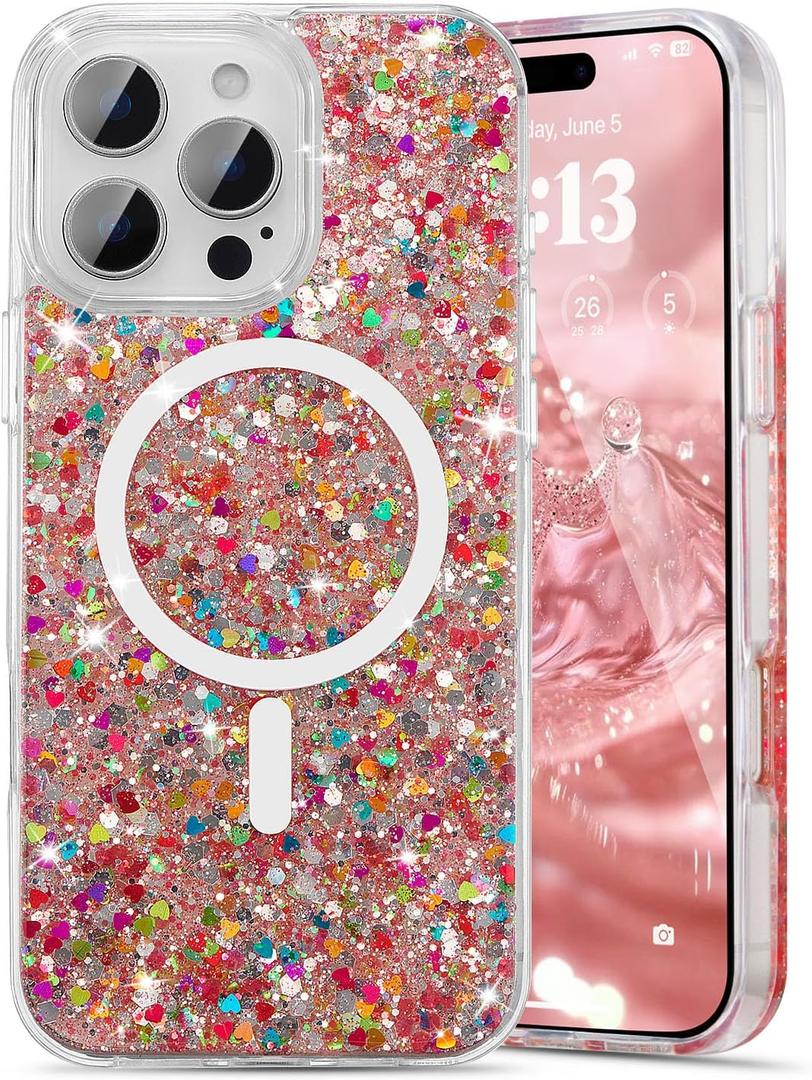 UEEBAI Glitter Case Magnetic for iPhone 15 Pro Case, Luxury Shiny Bling Sparkly Phone Cover Compatible with MagSafe, Wireless Charge Crystal Diamonds Shiny Cover for Women - Red