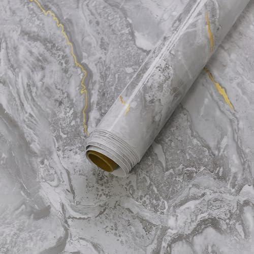 BAYYA Light Grey Marble Peel and Stick Countertop Contact Paper Granite Counter Top Vinyl Wrap Glossy Waterproof Removable Heat-Resistant Kitchen Counter Covers Wallpaper for Table Walls 15.8"x354"