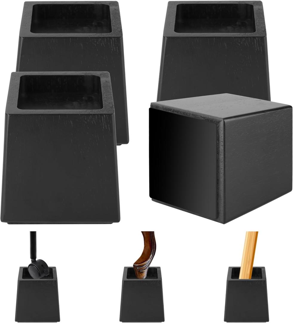 Wood Bed Risers Heavy Duty, Support Loading 2200lbs, 4 Pack Furniture Riser Leg Height Extenders Lifts for Dorm Sofa Couch Desk Chair Table, Black, 3.5" H(Inner 3" H)