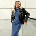 YOXUA Women Elegant Casual Long Sleeve Sexy Bodycon Lounge Temperament Crewneck Maxi Dress (Blue, Large)