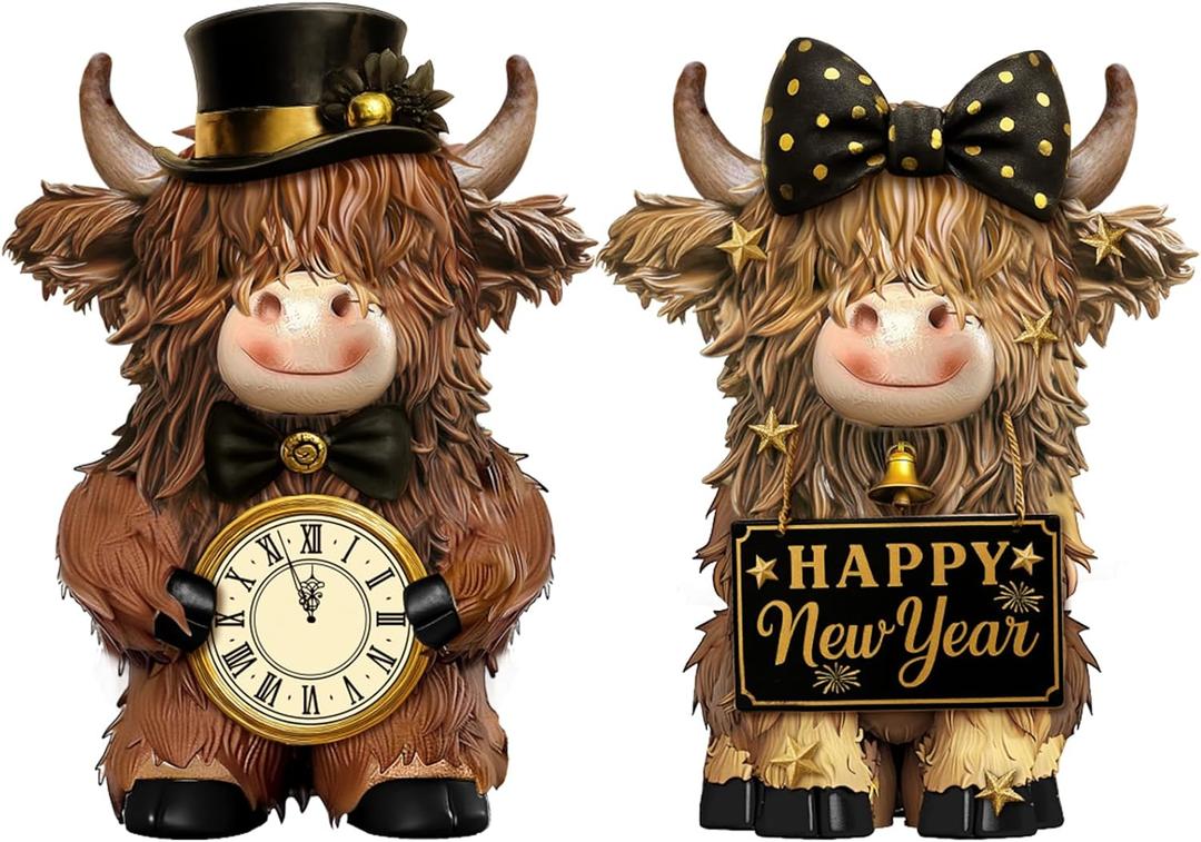 2 Pcs Happy New Year Highland Cow Figurines Decor New Year Cow Gnomes Gifts Resin Statue Calf Lovers Gifts for Farmhouse Home Garden Bathroom Kitchen Office Tiered Tray Table Decor