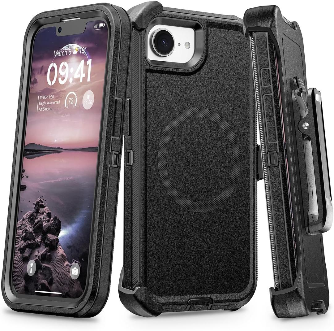 TUTUKII for iPhone 16e & iPhone 17e Case with Belt Clip Holster, Anti-Shock, Anti-Slip, Compatible with MagSafe, 3-Layer Drop Protection, Heavy Duty Magnetic Phone Case Cover 6.1", Black