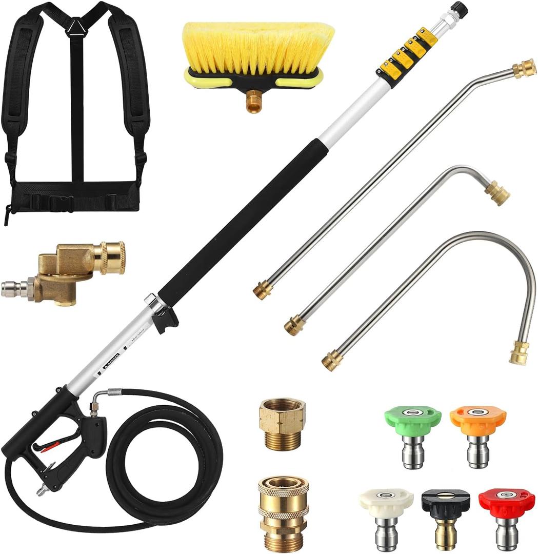 24 FT Telescoping Pressure Washer Wand with Pressure Washer Extension Wand, Brush Head, Gutter Cleaner, 5 Spray Nozzle Tips, 2 Hose Adapters and Support Belt