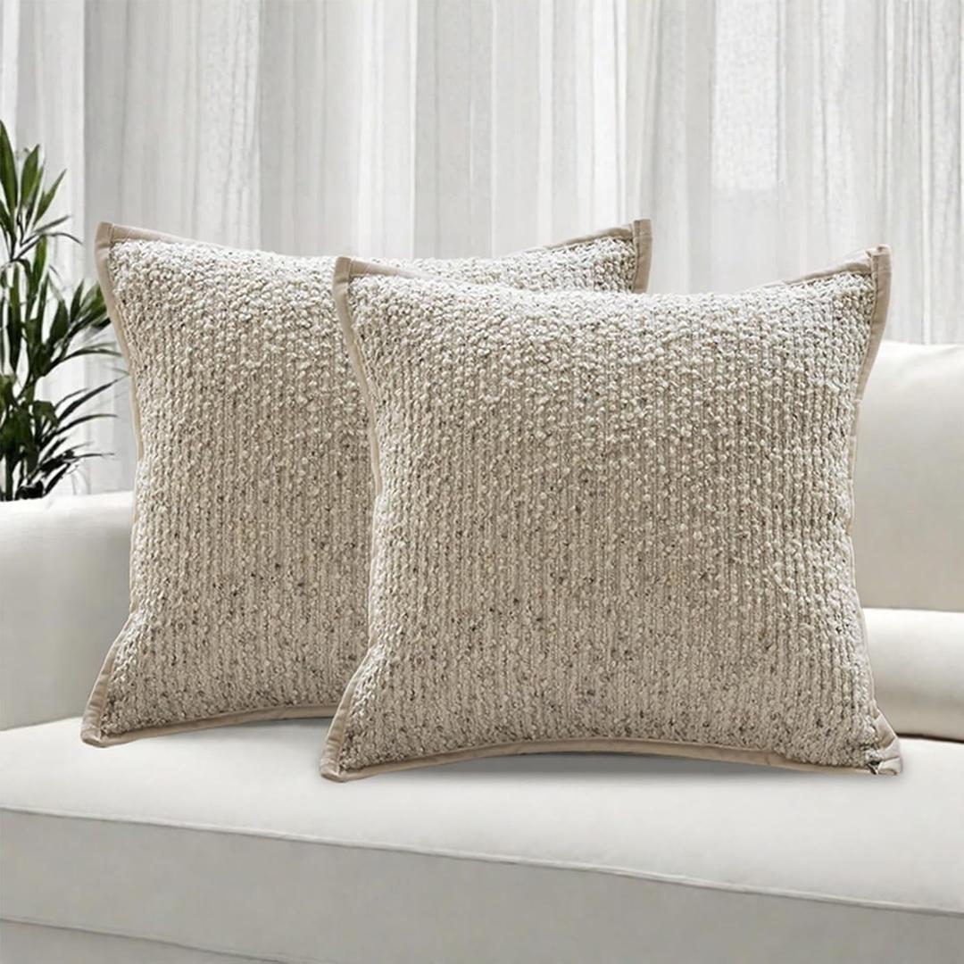 Emvency Cream Grey Textured Boucle Throw Pillow Covers 18x18 Inches Set of 2, Boho Farmhouse Striped Chic Modern Art Square Decorative Couch Pillowcases for Home Decor Bedroom Sofa Living Room