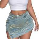 Avanova Women Denim Mini Skirt Jean Skort Sexy High Waisted Asymmetrical Stretch Short Skirts (Medium, Blue Gold)
