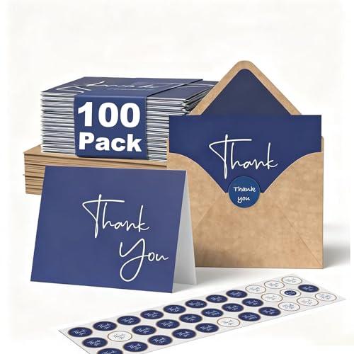 XXINMOH 100 Pack Thank You Cards With Envelopes Bulk Set & Stickers - 4x6 inch Blank Thank You Notes Bulk Box Set - Large Note Card Small Business, Wedding, Baby Shower & Bridal Shower - Navy Blue