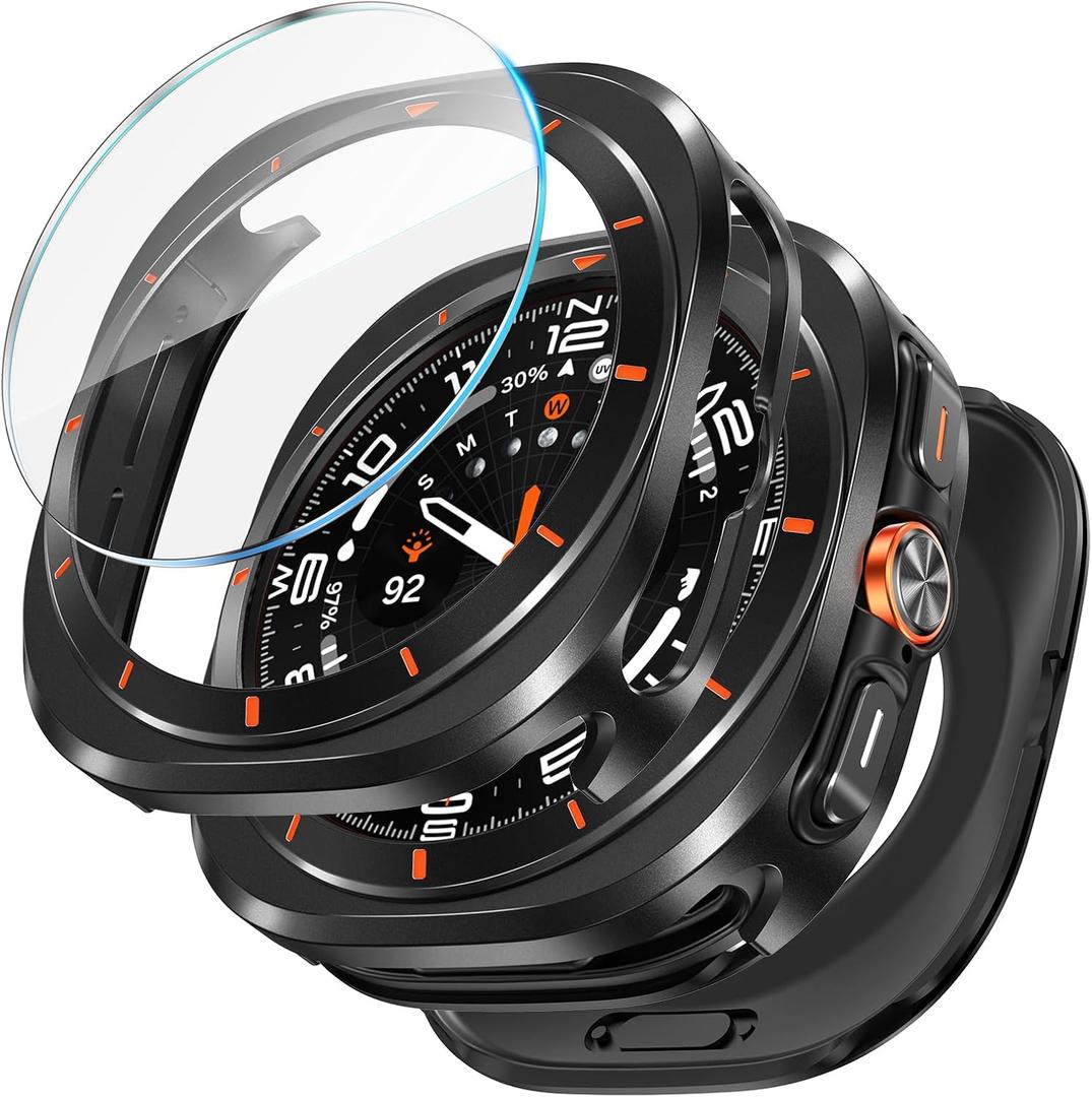 LETOID 3 in 1 Metal Case for Samsung Galaxy Watch Ultra/Ultra 2 Screen Protector 47mm, Stainless Steel Protective Bumper Face, Hard PC Back Cover and 9H Tempered Glass Film for 7 Ultra & 8 Ultra (Black/Orange)