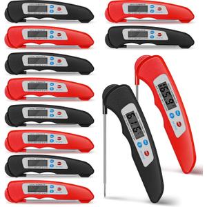 Xuhal 12 Pcs Digital Meat Thermometer with Probe Waterproof Instant Read Foldable Food Thermometer with Magnet for Kitchen Grilling Cooking Turkey Baking BBQ(Black, Red)