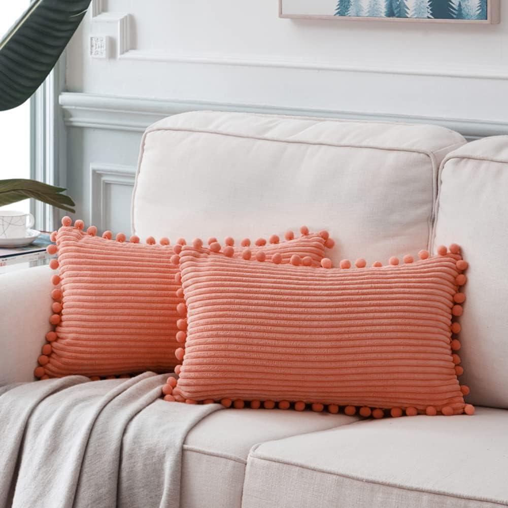 Fancy Homi Pack of 2 Coral Decorative Throw Pillow Covers 12x20 Inch with Pom-poms for Living Room Couch Bedroom, Soft Corduroy Peach Solid Lumbar Cushion Case 30x50 cm, Rustic Farmhouse Home Decor