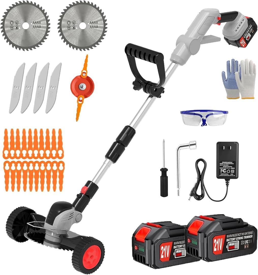 Electric Weed Wacker Cordless Eater Battery Powered Weed Trimmer with 21V String Trimme Battery Operated & Wheels 3 Types Blades 3 in 1 Stringless Grass Trimmer/Edger/Brush Cutter for Garden Yard Lawn