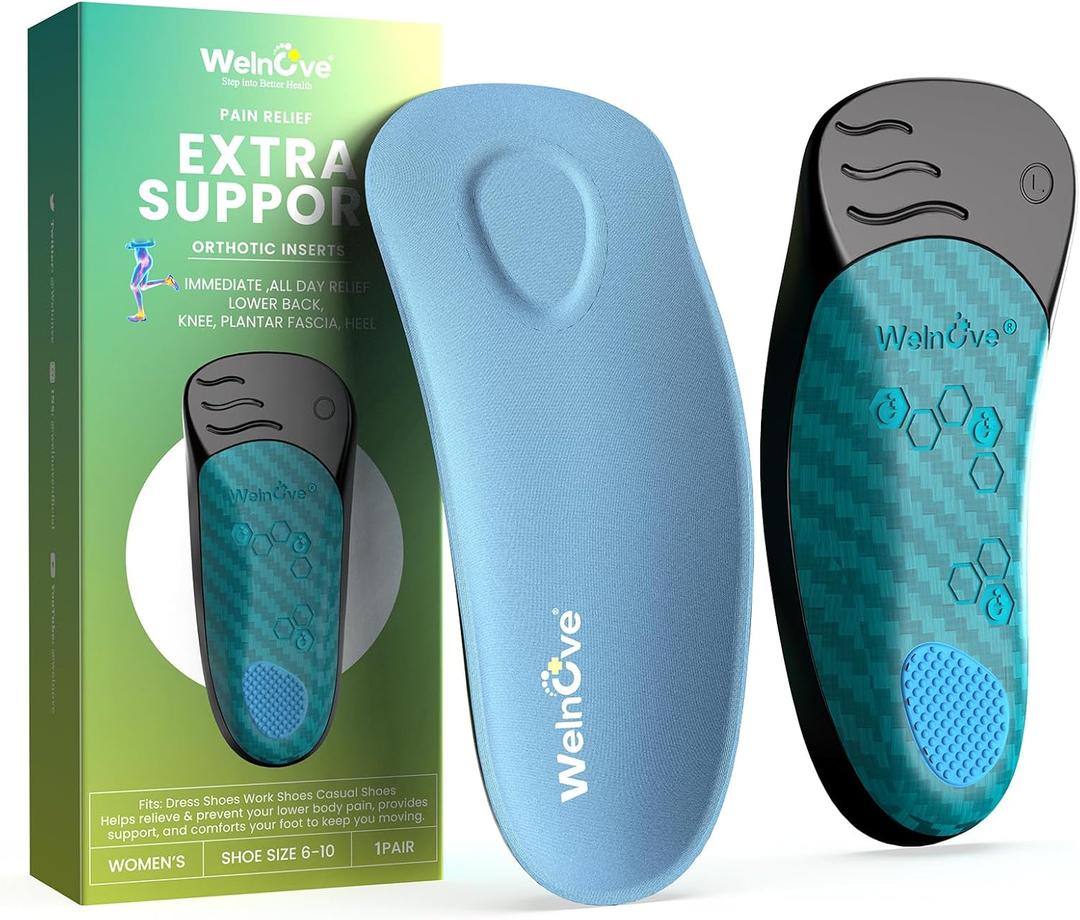 Welnove Plantar Fasciitis Insoles for Men Arch Supports Orthotics Inserts Relieve Flat Feet, High Arch, Foot Pain,Shoe Inserts for Flat Feet Plantar Fasciitis Relief Women's 6-10 (Blue)