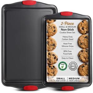 Baking Sheet Set, 2-Piece Cookie Sheet Set with Silicone Handles, Steel Baking Pan, Durable Baking Sheets for Oven, BPA Free Cookie Sheets for Baking Nonstick Set, Premium Sheet Pan, Black Baking Tray