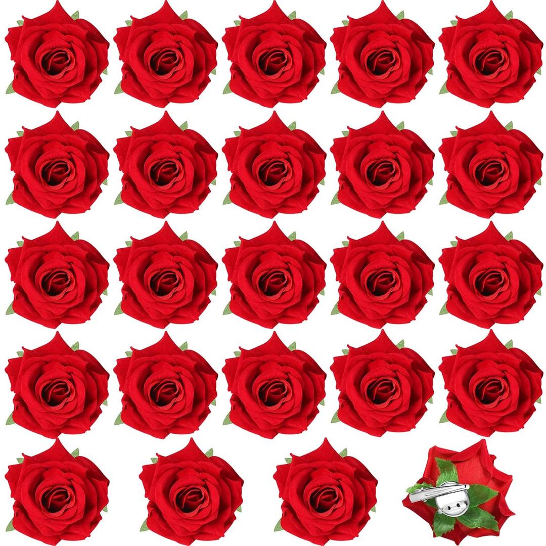 Batiyeer 24 Pcs Flower Hair Clips Rose Brooch Floral Hairpins 2.8" Flowers Hair Clips Headpieces Accessories for Flamenco Dancer Women Bridal Bridesmaid Wedding Party Violet Day Irish Festival(Red)
