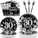 OBUSATT 96PCS 30th Birthday Party Supplies Black and White Silver 30th Happy Birthday Paper Plates Napkins 30th Party Decorations 30 Years Old Dinnerware Party Favor Men Women Tableware Serves 24