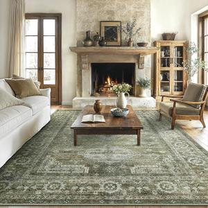 Area Rugs 8x10 for Living Room Bedroom, Modern Boho Machine Washable Large Distressed Light Greyish Sage Green Rug, Low Pile Floor Carpet with Non Slip Backing for Dining Room