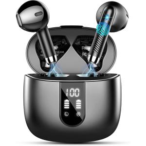 Wireless Earbuds, 2024 Bluetooth Headphones V5.3 Ear buds Built-in ENC Noise Cancelling Mics, 40H Stereo Bass Bluetooth Earbuds with Dual LED Display, IP7 Waterproof Earphones for Android iOS, Black